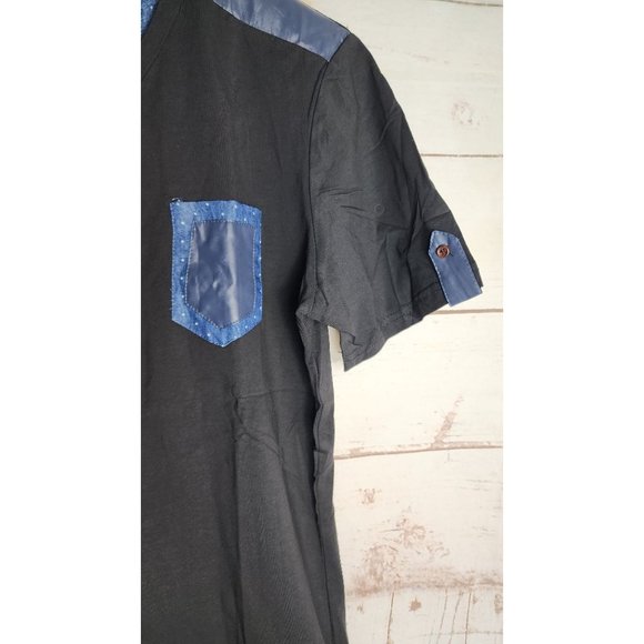 Vassari Los Angeles Men's Med Black V-Neck Designer Shirt Rare Blue Faux Leather - Picture 9 of 15